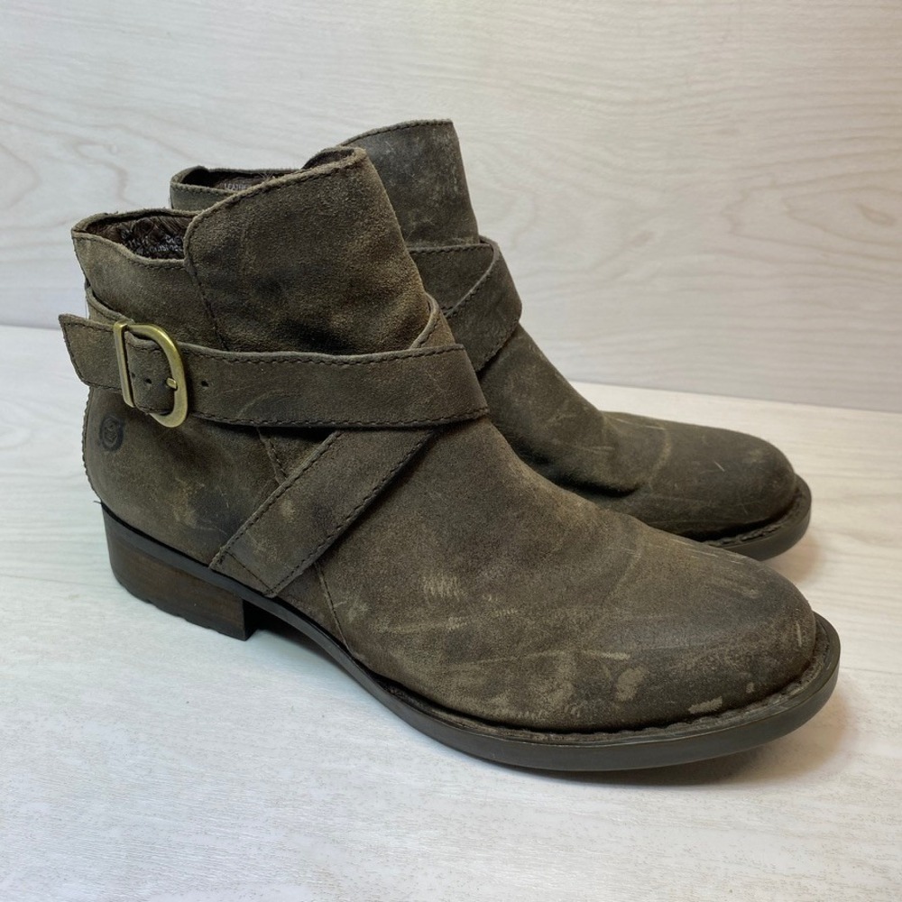 Born Womens 8M Ankle Boots Moto Buckle Brown Suede Leather Distressed F11417